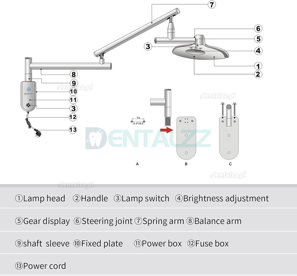 KWS KD-2012B-5 Lampa Operacyjna Stomatologiczna LED 90W Ścienna Bez cieni